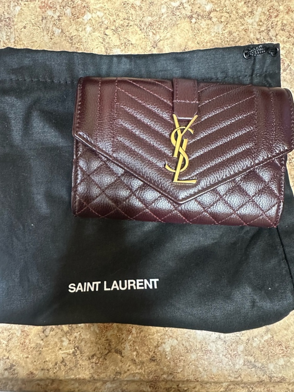 Saint Laurent Quilted Chevron & Diamond Wallet in Burgundy with Gold YSL - Picture 2 of 16